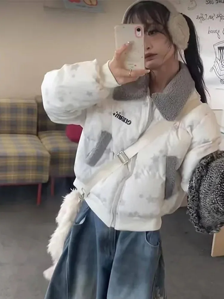 아메리칸 레트로 스타 파카 여성 겨울 긴 소매 레터 프레피 스타일 푸피 코트 하라주쿠 빈티지 인조 양털 칼라 재킷 신상품