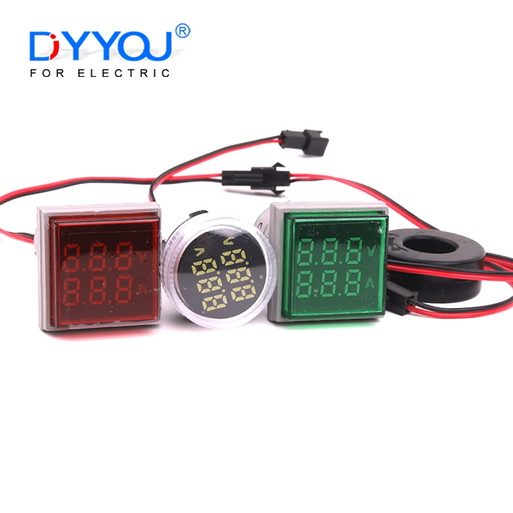 22mm Dual LED Indicator Pilot Light Round Square Digital Voltmeter Ammeter AC 20-500V 0-100A Amp Volt Voltage Tester Meter