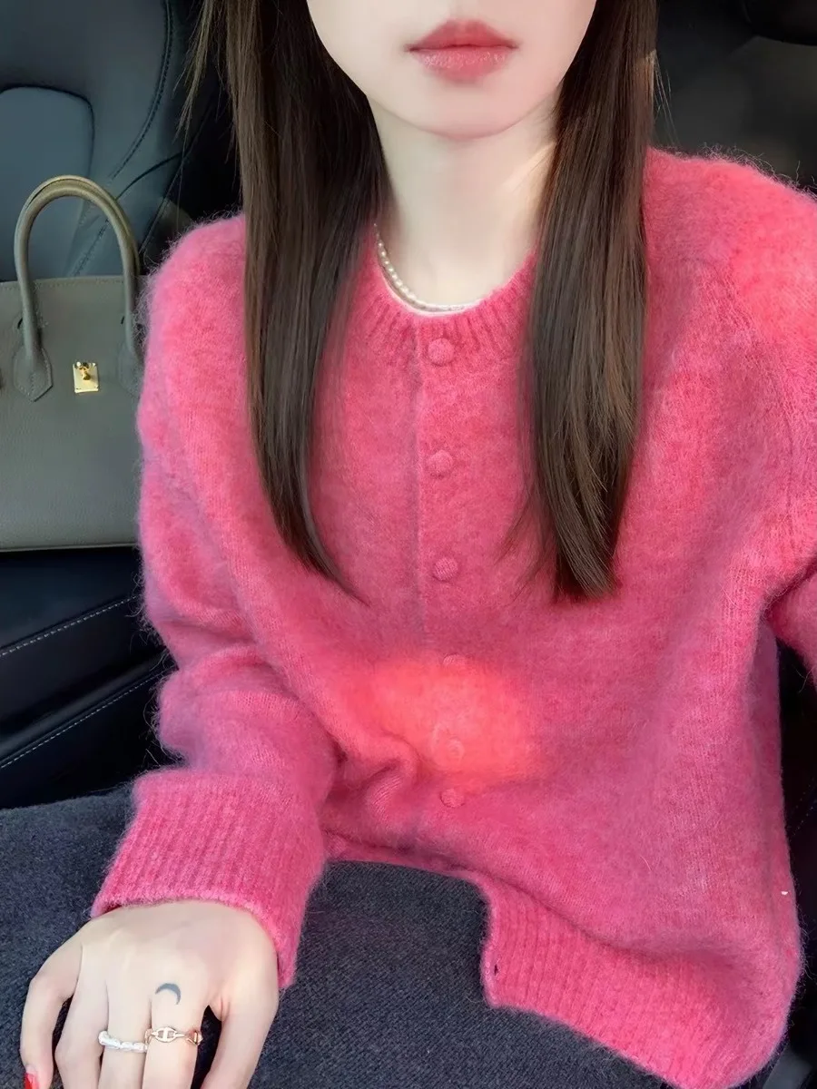 Pink Knitted Open Cardigan Women's Loose Comfortable Sweater round Neck Autumn Winter Fashion Soft Cozy Long Sleeve Top