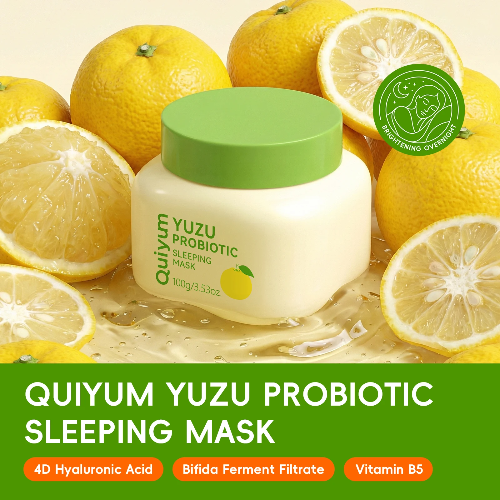Quiyum Yuzu Probiotic Sleeping Mask 100g Overnight Brightening Hydrating Mask with 4D Hyaluronic Acid for All Skin Types