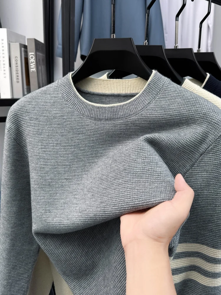 High End Men's Sweater Autumn Winter New Simple Korean Casual Round Neck Luxury Brand Classic Striped Comfort Knitted Pullover