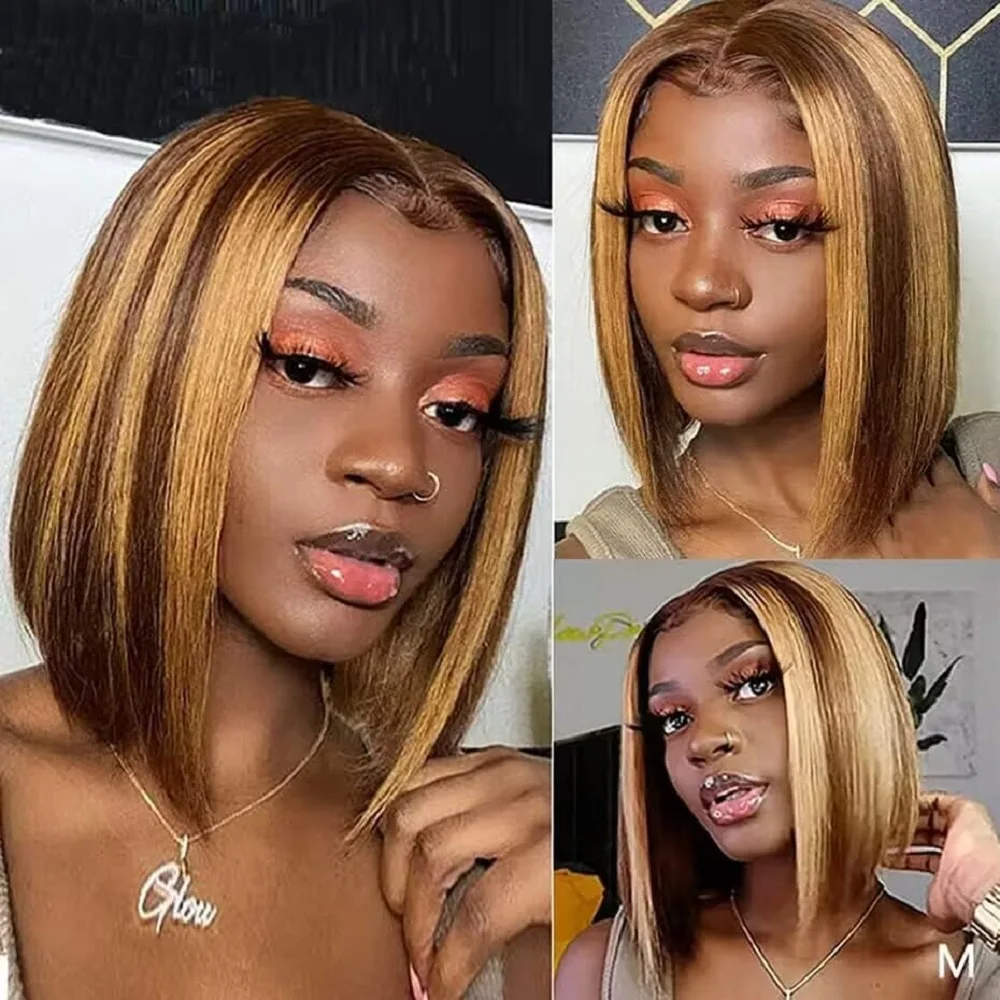 

Highlight 4/27 Bob Wig Human Hair 6x4 HD Lace Front Wig Straight Hair Pre Plucked With Baby Hair 4/27 Pre Cut Lace Bob Wigs