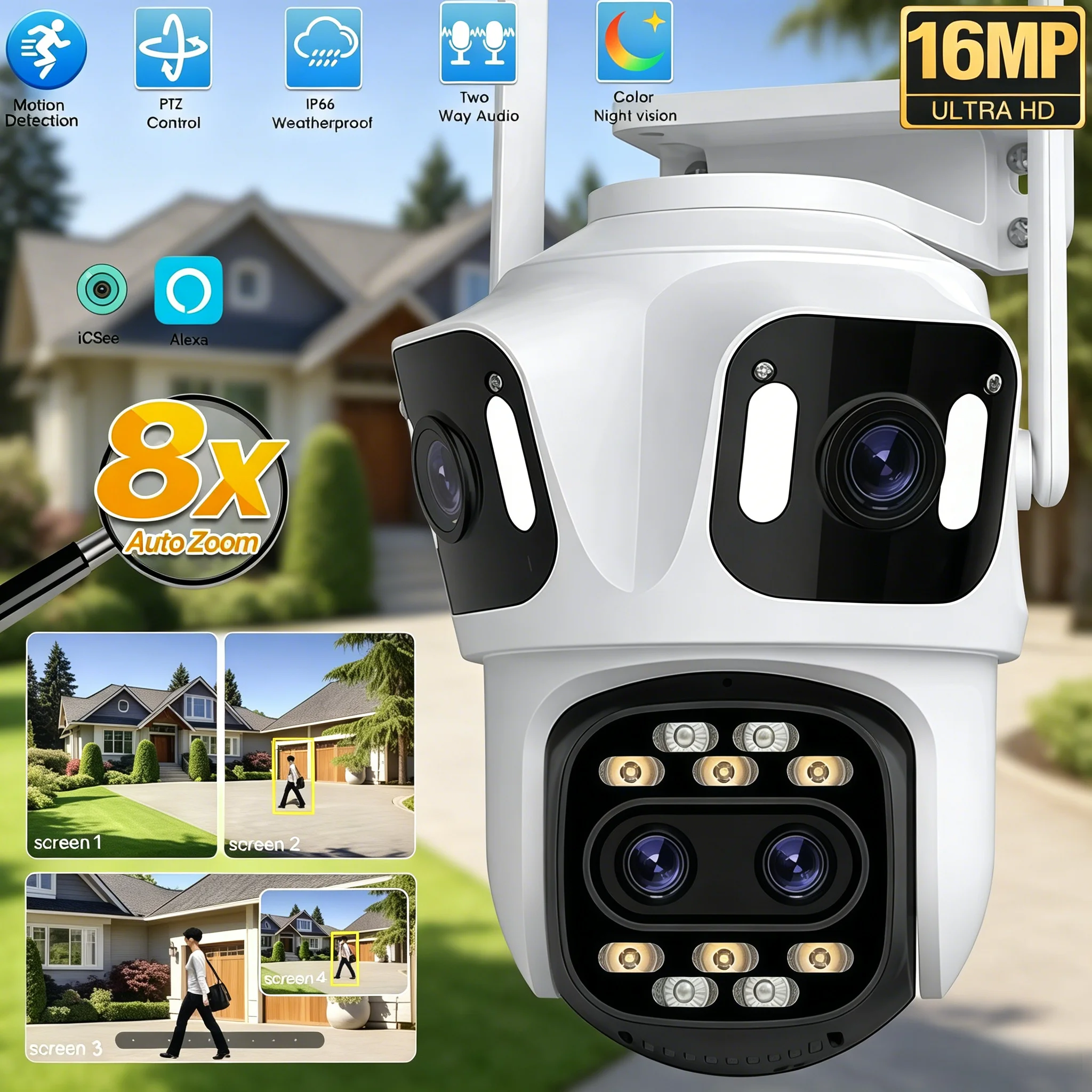 

16MP 8X Outdoor HD Four Lens WiFi Network Camera Gimbal Camera AI Automatic Tracking Security Camera Video Surveillance iCSee