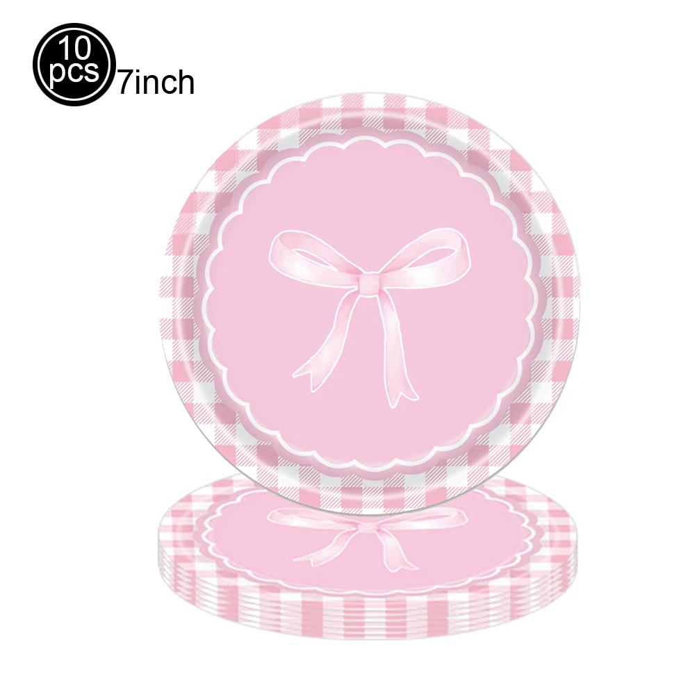 Party-Dekoration mit Schleifenmotiv, Einweggeschirr-Set, Pappteller, Tassen, Schleifenform, Schnappstifte für rosa Schleife, Kokette, Geburtstagszubehör – Detail 4