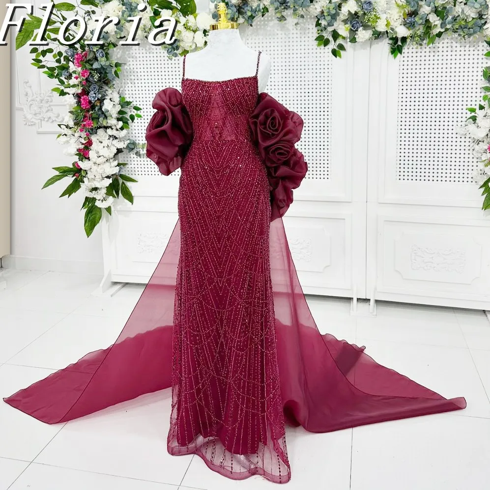 

Elegant Wine Red Mermaid Prom Dress with Crystal Beaded 3D Flower Design Puff Sleeves Sparkling Evening Gown for Party