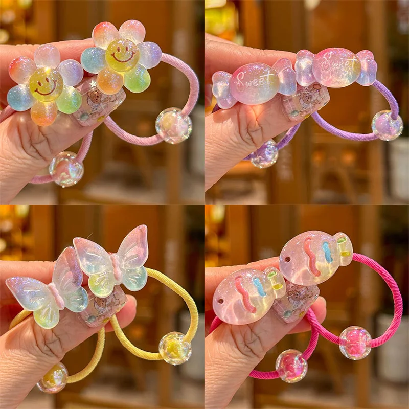 2PCS Mädchen elastische Haarbänder bunte Blumen & Schmetterlinge Haarschmuck Kinder Haargummis Baby Kopfbedeckung