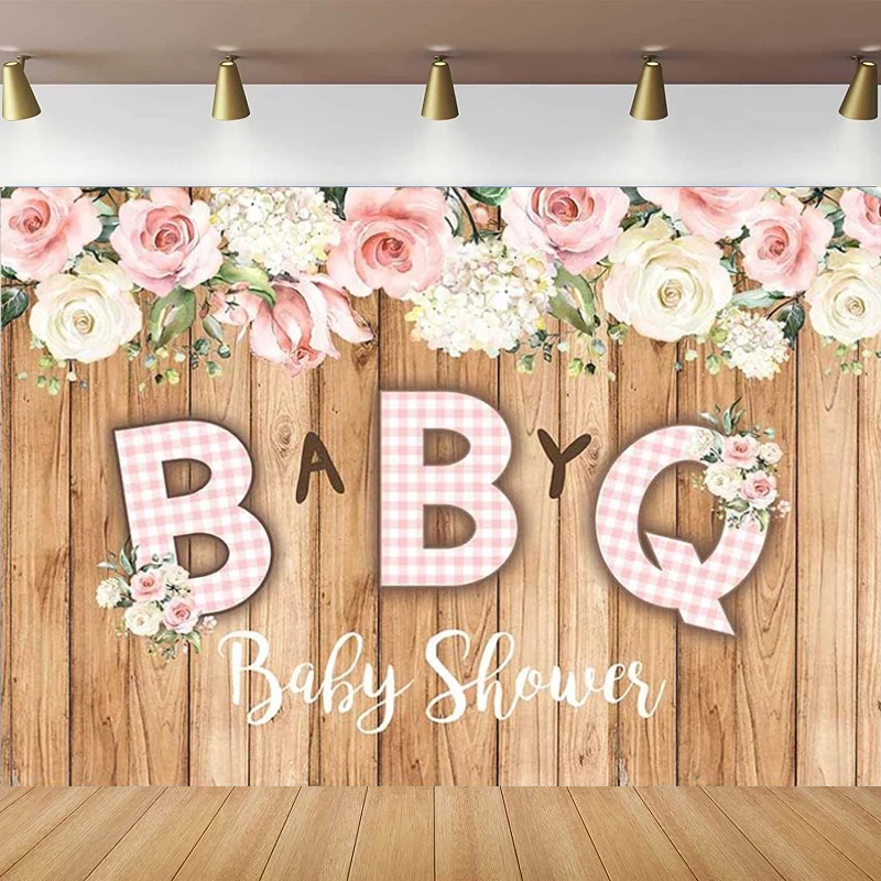 Photography Backdrop BBQ Girl Baby Shower Rustic Wood Pink And White Lattice Floral Girl Party Cake Table Decor Background