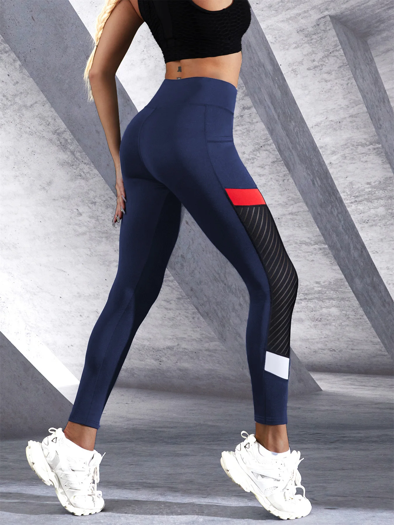 Kolorowe siateczkowe spodnie do jogi z wysokim stanem i bocznymi kieszeniami Legginsy dla kobiet Legginsy modelujące brzuch do ćwiczeń — zdjęcie 7