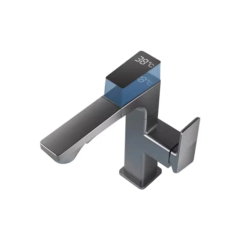 

2025 современный универсальный хромированный смеситель для раковины, светодиодный дисплей, керамический клапан с одним отверстием, контроль температуры холодной и горячей воды, поворотный дизайн