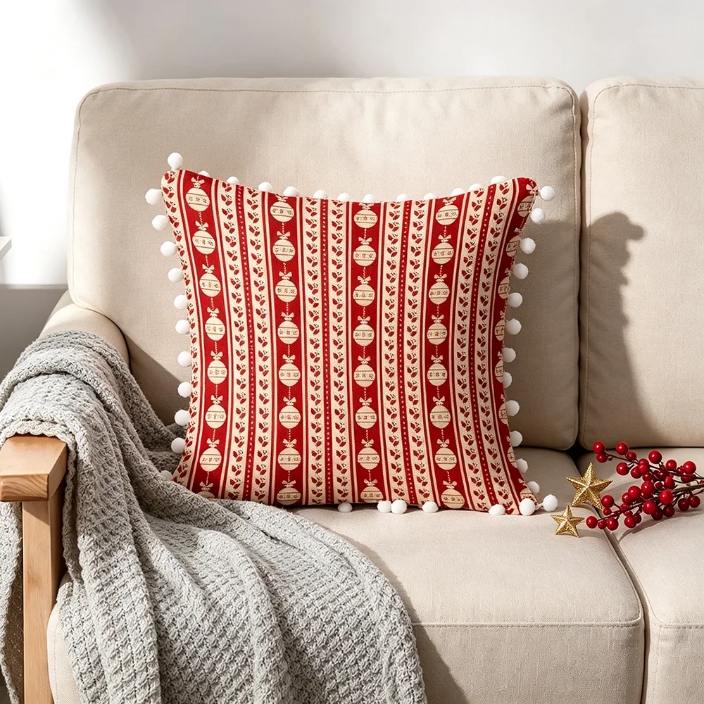 Red Fair Isle Stripe Print Pom Pom Tassel Pillow Covers, Home Decor, Sofa Couch, Bed, Bedroom Living Room, Polyester, Christmas