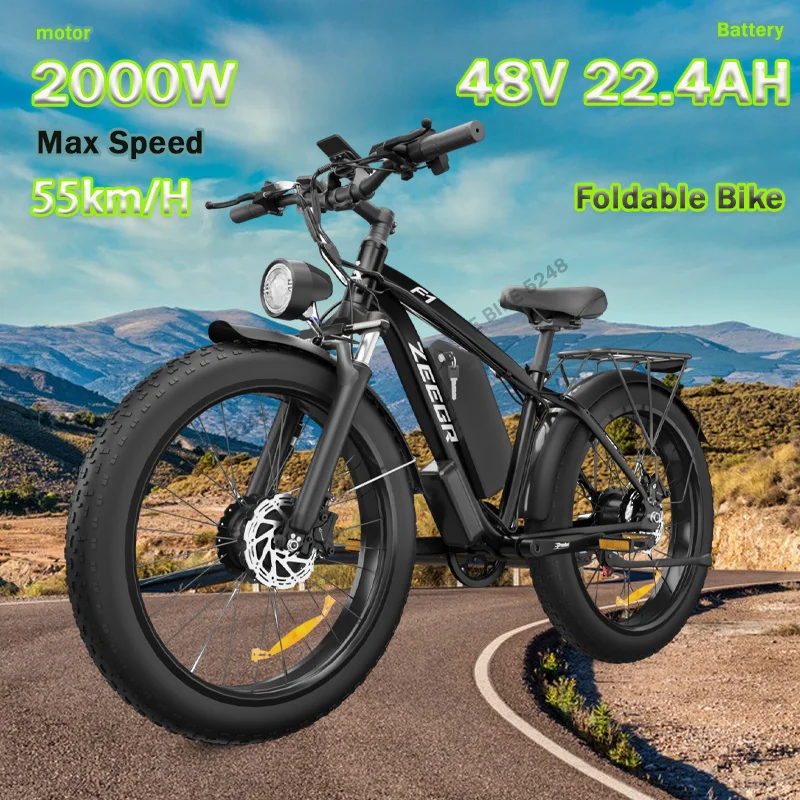 Electric bike Zeegr F1 2000W 48V 22.4AH Dual battery Full suspension power Bicycle bike 26 inch fat tire hidden Snow Beach EBike