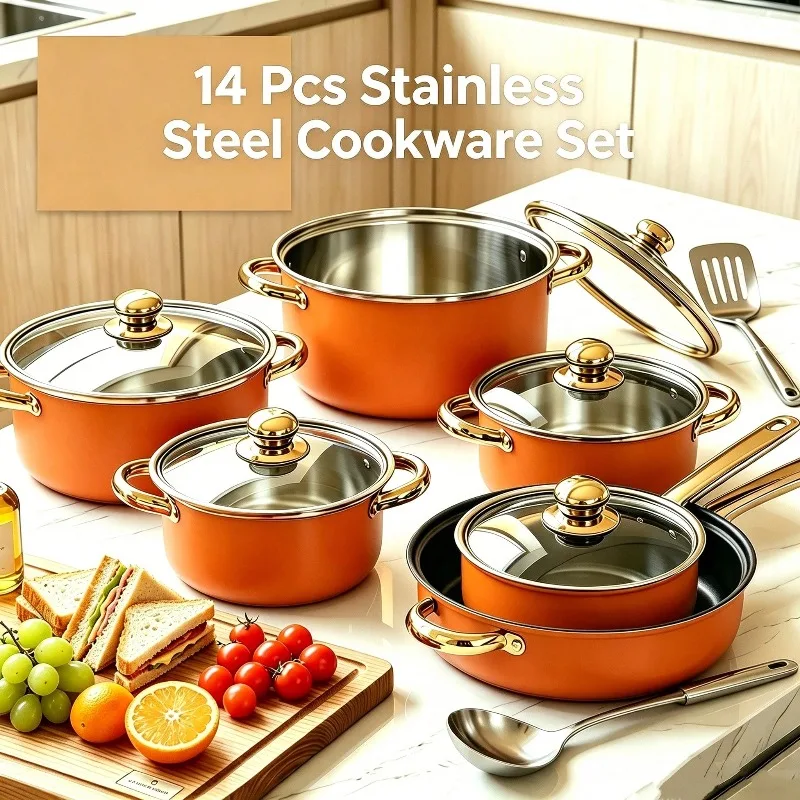 Orange 14pcs Stainless Steel Cookware Set, Stainless Steel Pots And Pans Set With Stock Pot, Frying Pans, Saucepan, Soup Pot, 5 Glass Lids, Spoon, Shovel, Works With Induction, Electric And Gas Cooktops, For Effortless Cooking And Even Heat Distribution