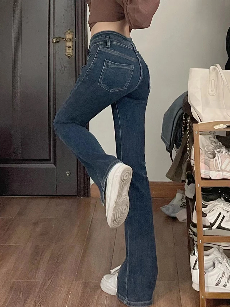 Elastic Slit Straight Leg Jeans Women's High Waist Flared Pants Slimming Wide Leg Trousers Cotton Stretch Denim Autumn Faion