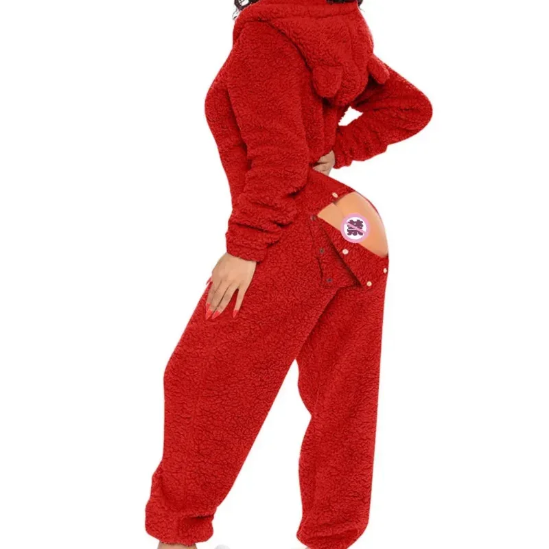 Nuevos pijamas de invierno para adultos para mujer, ropa de dormir de Año Nuevo, mono de manga larga con capucha, ropa de casa, bonita capucha con orejas peluda Sherpa Ro CXVC468
