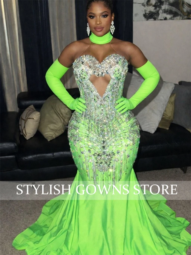 New Arrivals Green Crystal Rhinestones Prom Dress For Black Girl 2025 Birthday Party Dress Mermaid Evening Dress Customized