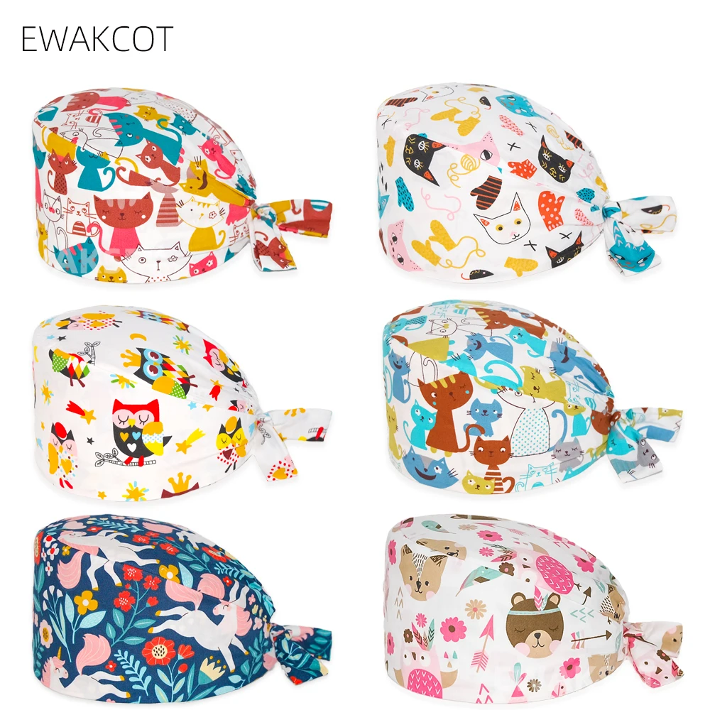 Women men Cotton scrubs caps sweat-absorbent Elastic Spa pet grooming nursing work hats lab animal printed scrub hat Wholesale