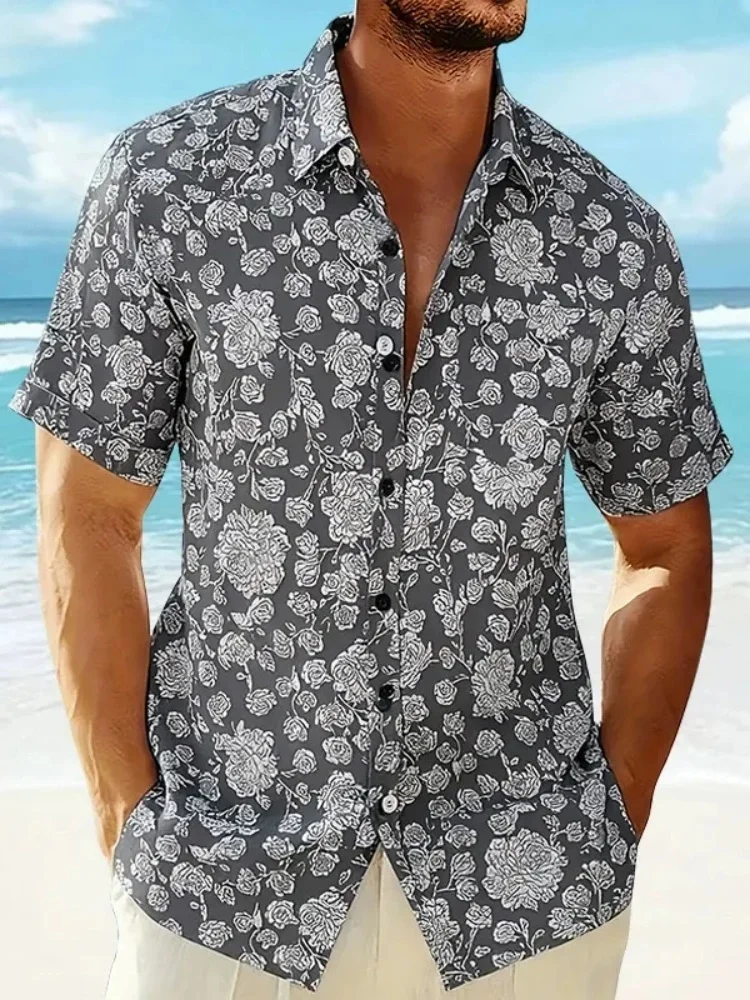 Fashion Summer Shirts Men's Rose Floral Art Print Casual Loose Button Down Tops Holiday Beach Lapel Collar Bohemian Tunics