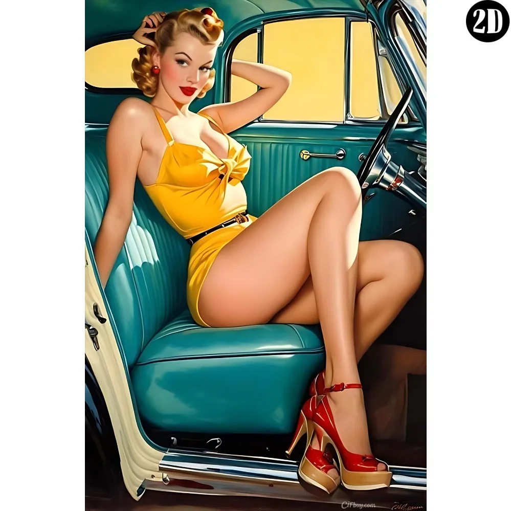 Plaque en métal rétro Pin-Up Girl, affiche 2D en fer forgé d'une mannequin blonde des années 1950 dans une voiture vintage, décoration murale rustique pour Man Cave