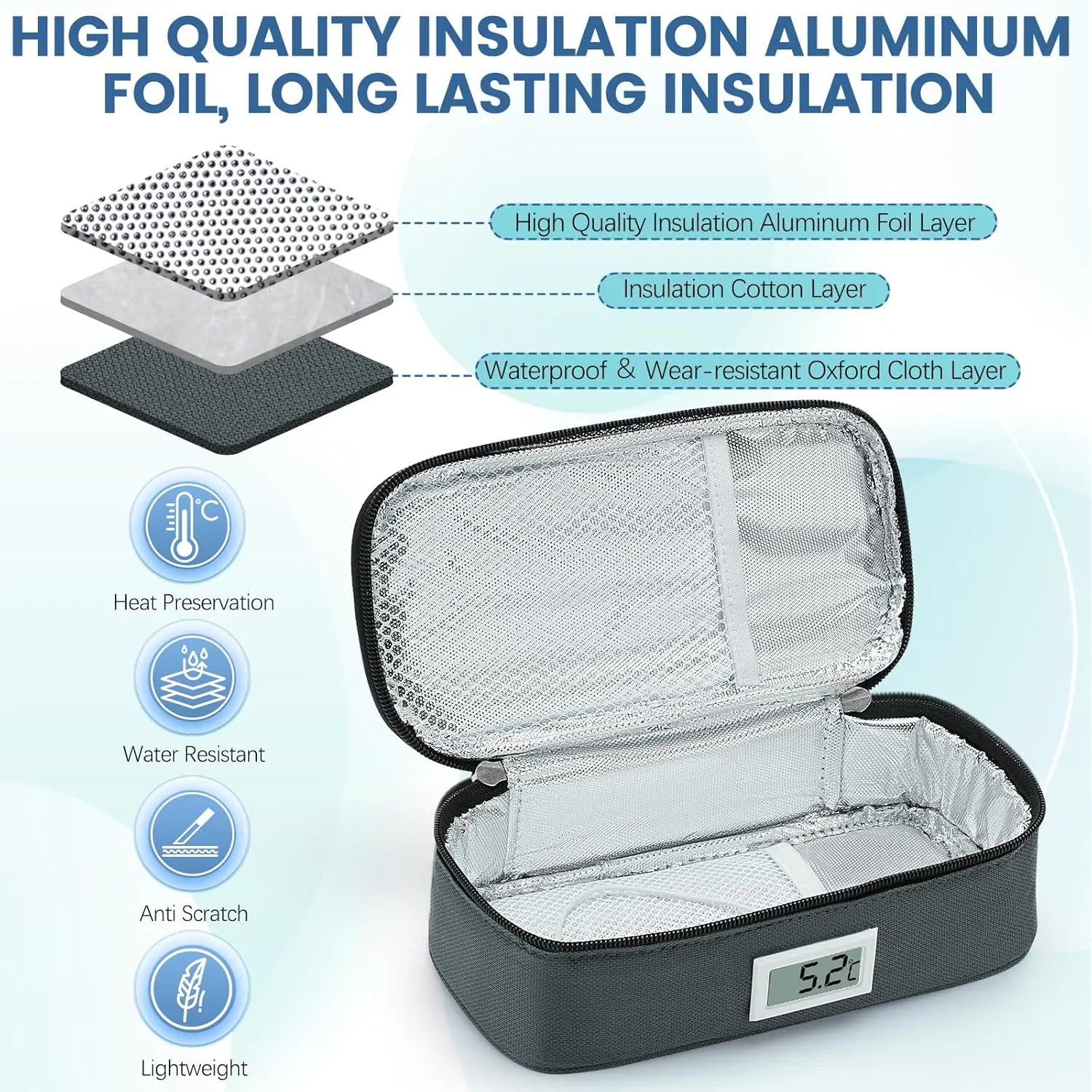 صندوق تبريد أنسولين مريح لاستقبال الأدوية ثلاجة صغيرة مع عبوتين ثلج لعرض درجة الحرارة LED