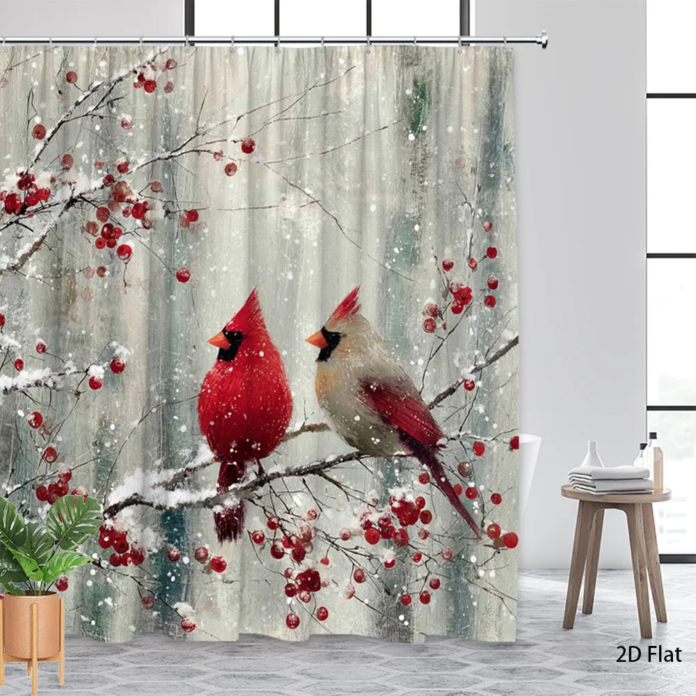 Winter-Themed Shower Curtain Featuring Delightful Red And Gray Cardinals Perched on Snowy Branches Adorned with Red Berries