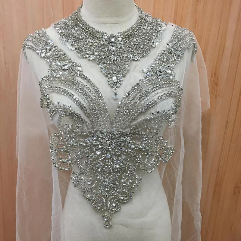 1PCS Silver Rhinestone Applique Beaded Patches Collar Sew on Wedding Dress Accessories For Clothes Decoration