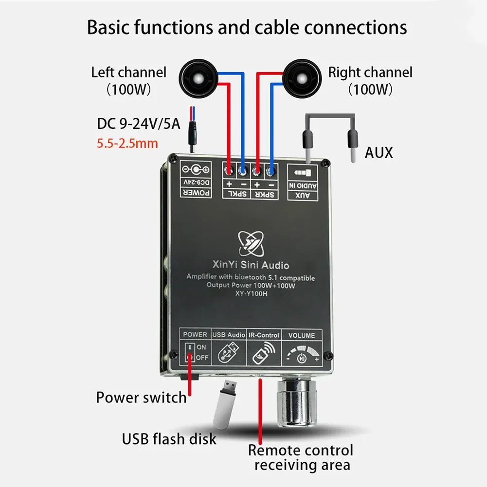 XY-Y100H AUX Speaker Stereo Amplifier Module Bluetooth 5.1 2x100W Audio AMP TPA3116 Chip Digital Power Amplifier Stereo Board