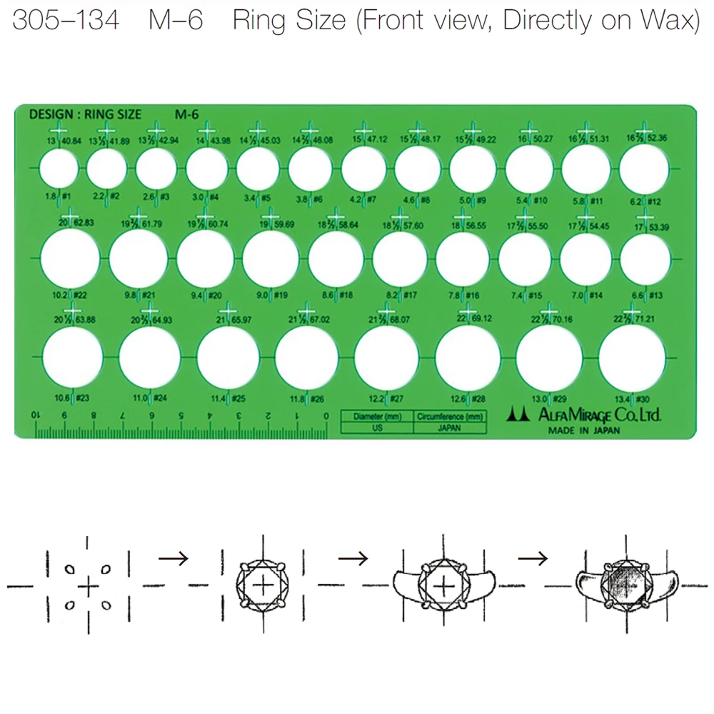 Alfa Mirage M-6 30 Sizes Round Ring Drawing Template Plastic Ring Scale Template for Paper & Wax Jewelry Layout Design Tool
