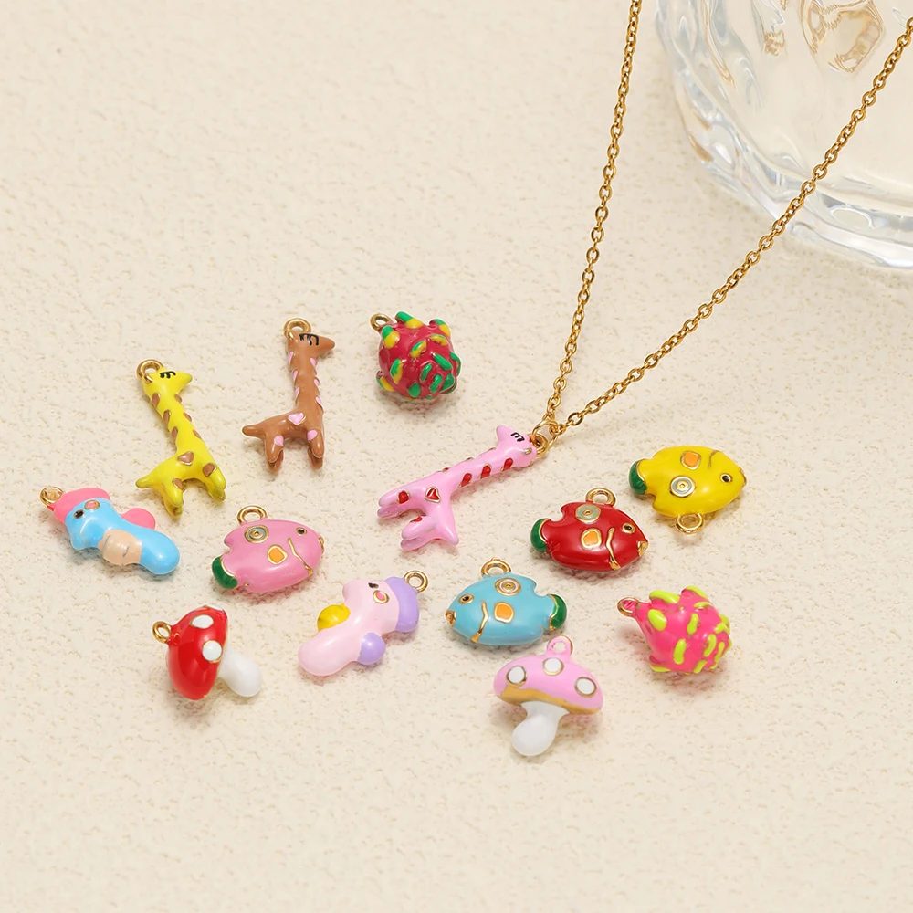 5Pcs High Quality Stainless Steel Colorful Fish Mushroom Charms Fruit Pendants for Necklaces Earrings Jewelry DIY Making Crafts