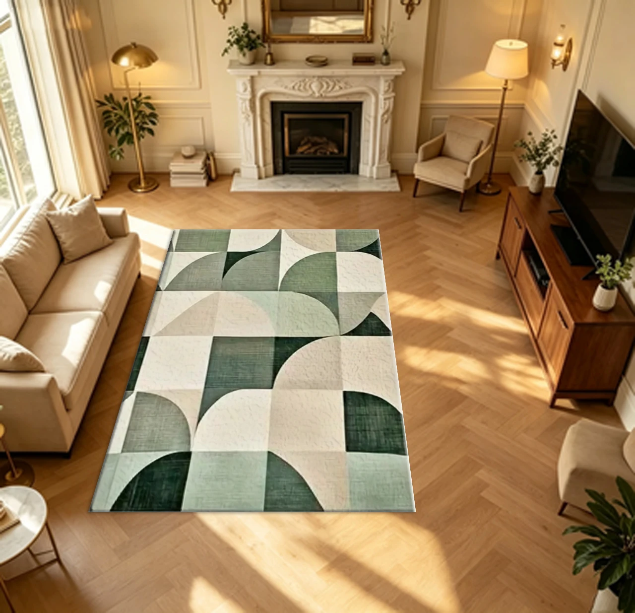 Sage Green Beige Mid-Century Geometric Semicircle Carpet Flooring Retro Block Spliced Large Area Rug for Bedroom