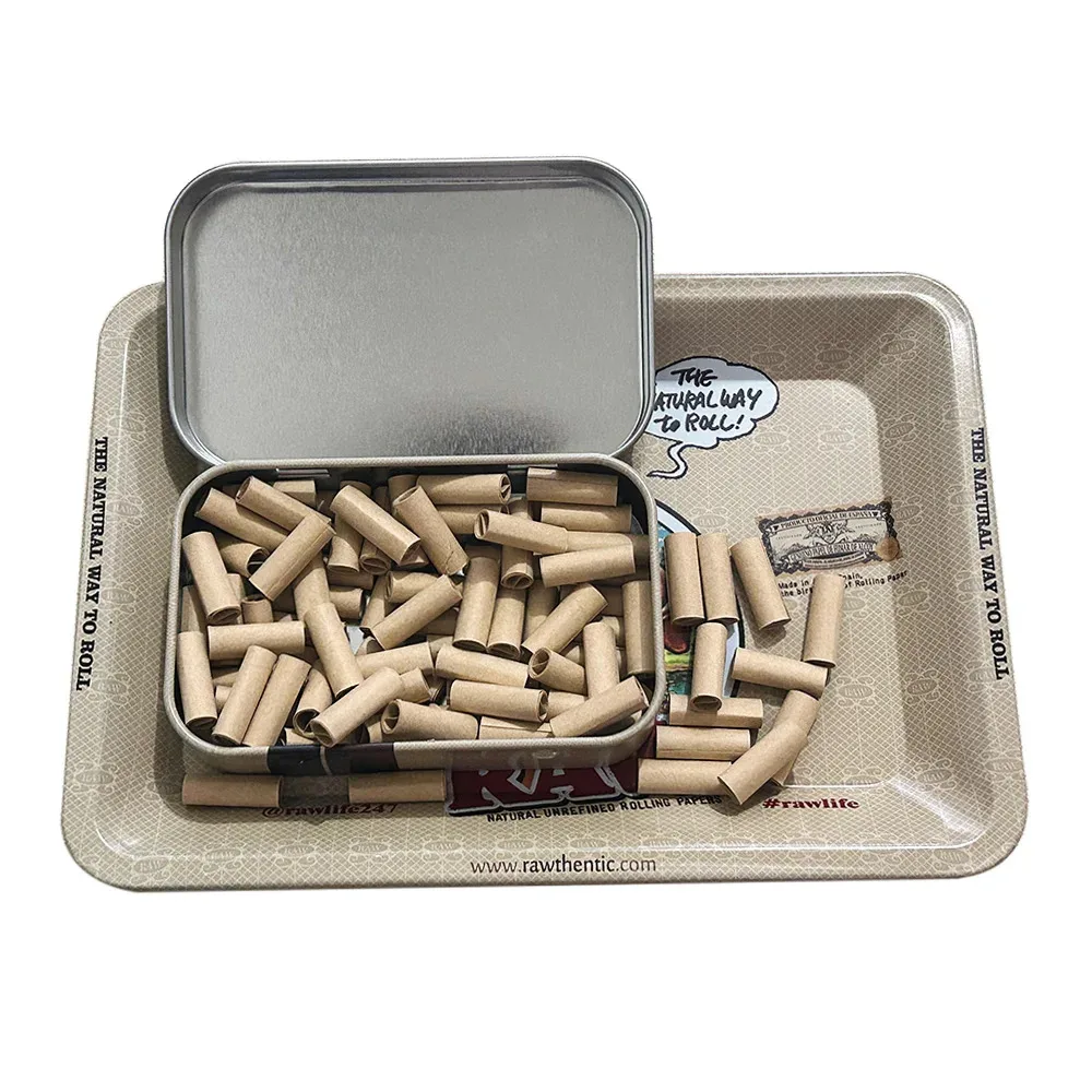 Natural Unrefined Tips Cigarette Filters 180*125mm Metal Rolling Tray Tobacco Herb Trays Tobacco Box Smoking Accessories Kit