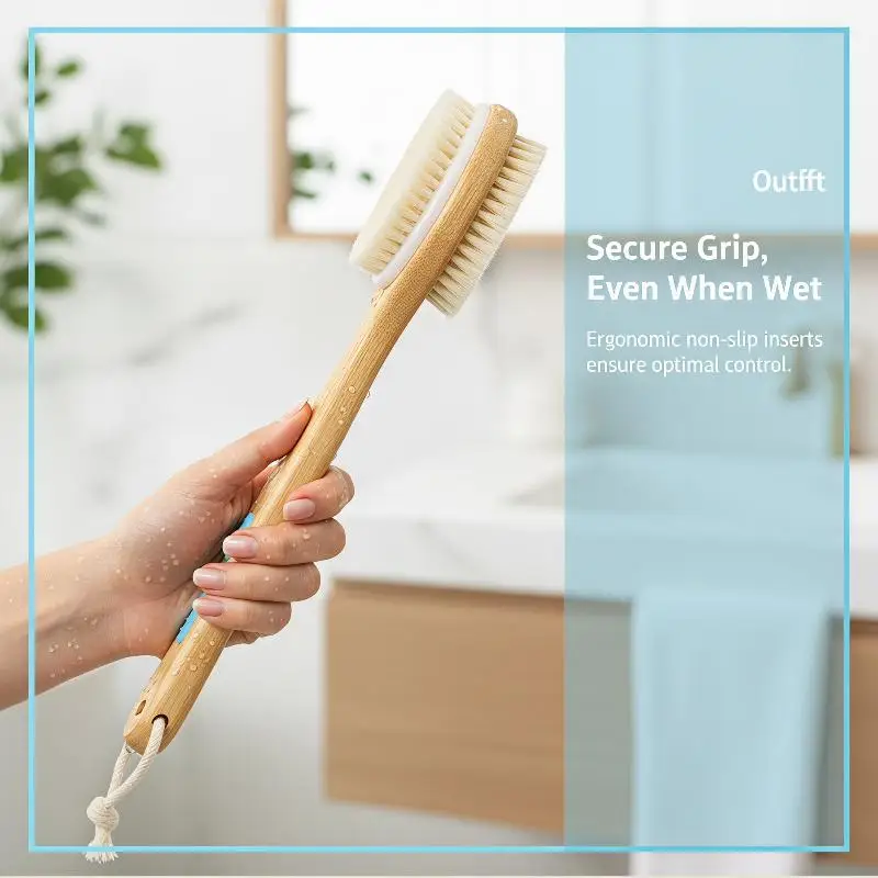 Long Wooden Handle Bristle Shower Brush Exfoliating Massage Scrubber for Back Foot Body Deep Cleansing Bath Use