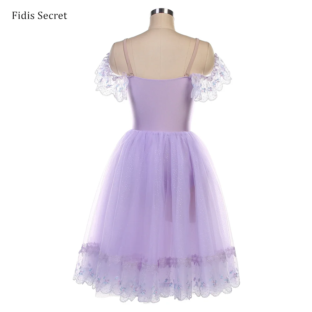 أزياء تنورات قصيرة باليه رومانسية طويلة على طراز الفلاحين باللون الأرجواني الفاتح للفتيات، ملابس راقصة الباليه نابولي/ملابس مسرح المنافسة