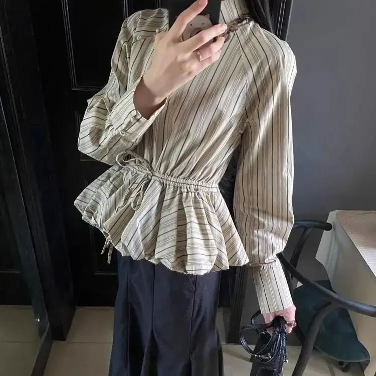 Striped Long Sleeve Ruffle Top Vintage Beige Strappy Stand Collar Shirt Women 2024 Fall Clothing