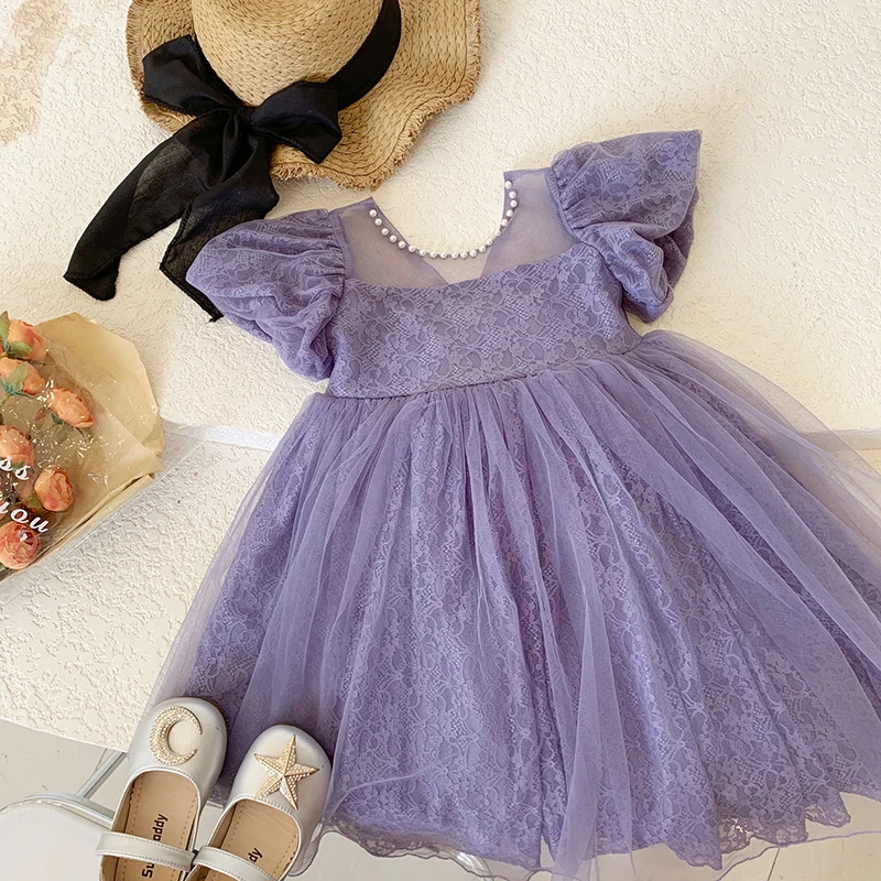 New Girls Party Dress Summer Elegant Princess Dress Purple Mesh Dress 1-9 Years Kids Bow Birthday Party Clothes