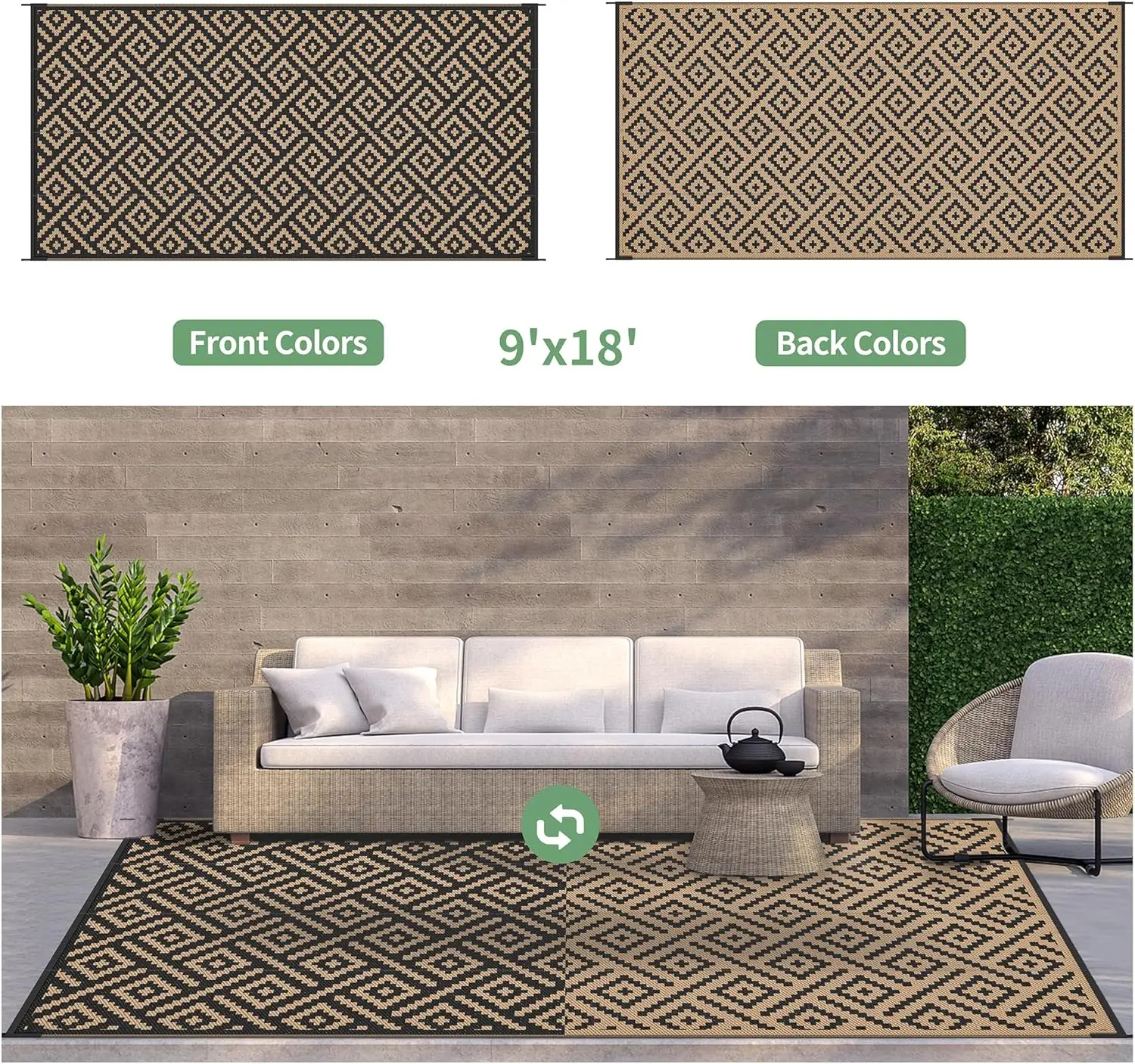 

Outdoor Rug for Patio Clearance, 9'x18' Waterproof Camping Mat, Reversible Straw, Camper, , Backyard, Picnic, Deck