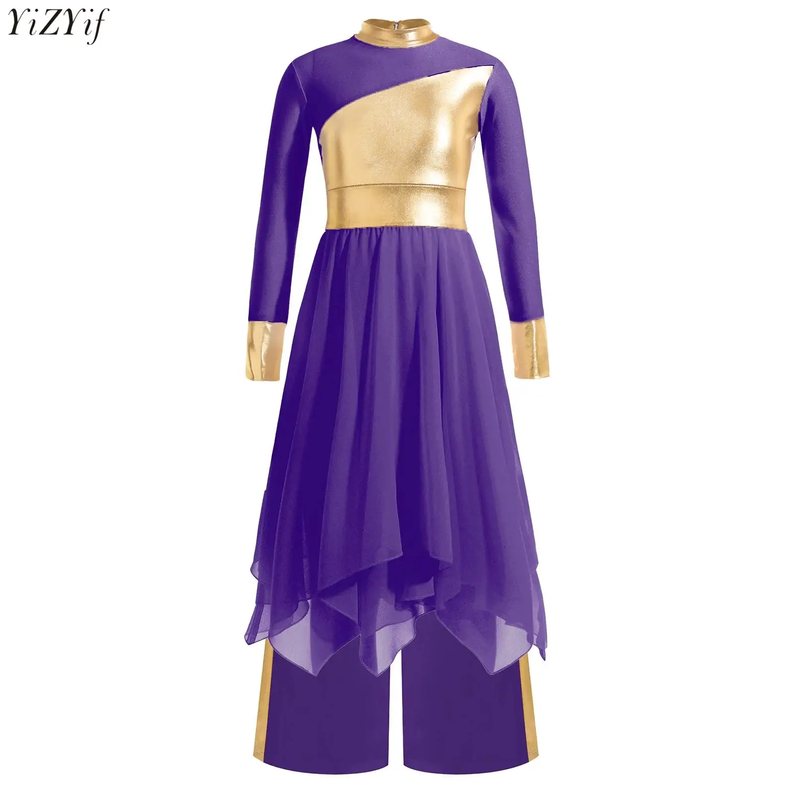 

2Pcs Kids Girls Liturgical Praise Dance Dress Modern Dancewear Long Sleeve Color Block Metallic Patchwork Dress+Wide-Leg Pants