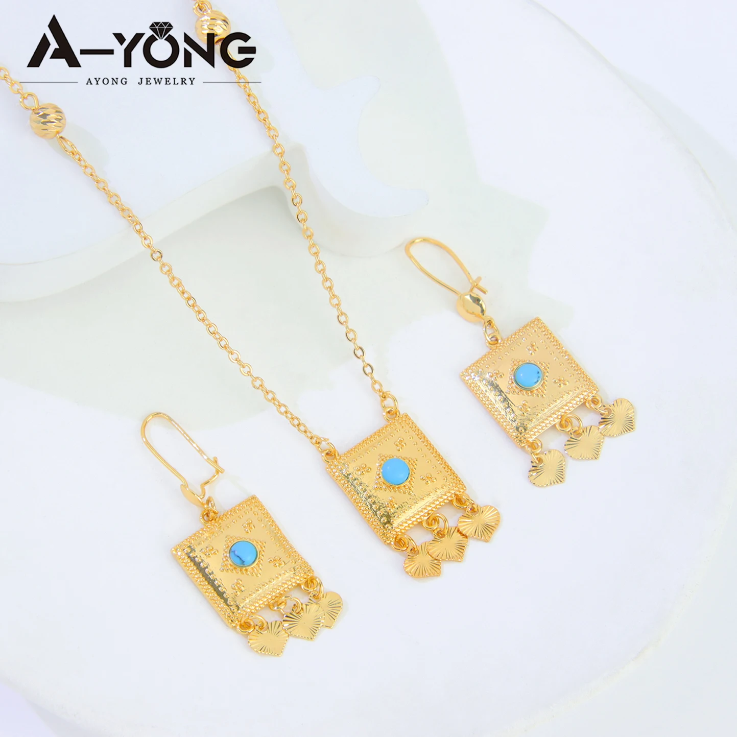 

Ethiopia Handmade Necklace Earrings Set 21k Gold Plated Bohemia Square Turquoise Pendant Italian Women Party Jewelry Gift
