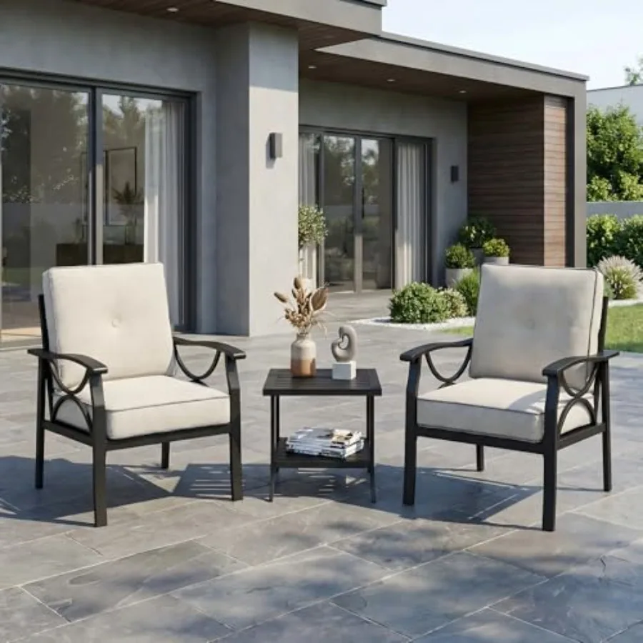 Outdoor Patio Furniture Set 3 Pieces Metal Patio Conversation Set with Side Table for Porch Garden Backyard Black