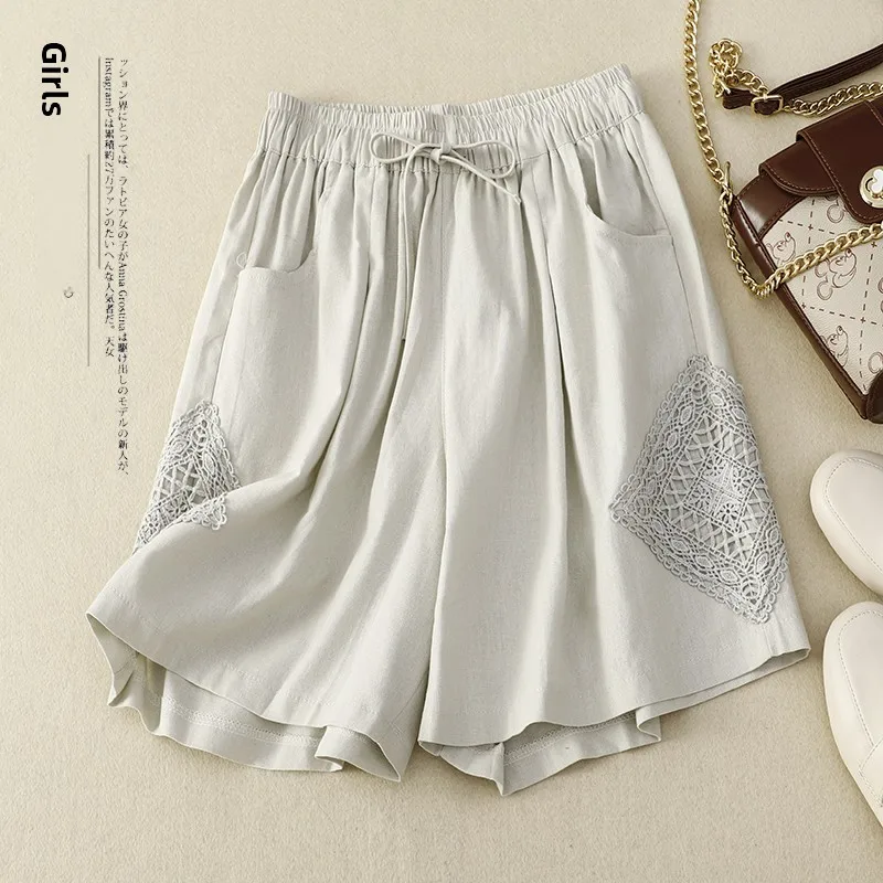 

Casual Cotton Linen Lace Patchwork Wide Leg Pants Thin Shorts for Women Summer New Style Artistic Female Clothing