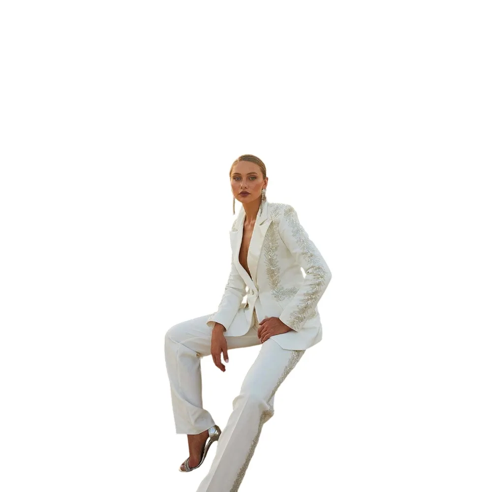Elegant Women's Evening Dresses Suit Gowns Beads Peaked Lapel One Button Jacket Pants For Female Satin 2 Pieces Suit Customized