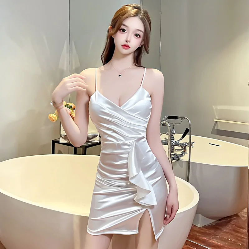 New Sexy 2023 Spicy Girl Smooth Satin Suspender Side Split Dress Summer Women's Temperament Fashion Slim Wrap Hip Dress MUMJ