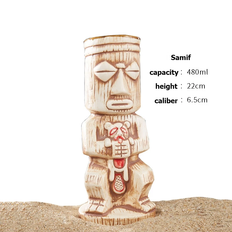 Hawaii Ceramic Tiki Mug Creative Cocktail Cup Easter Island Tiki Mugs Halloween Gift for Bar Tool 480ML Red Eyes Skull