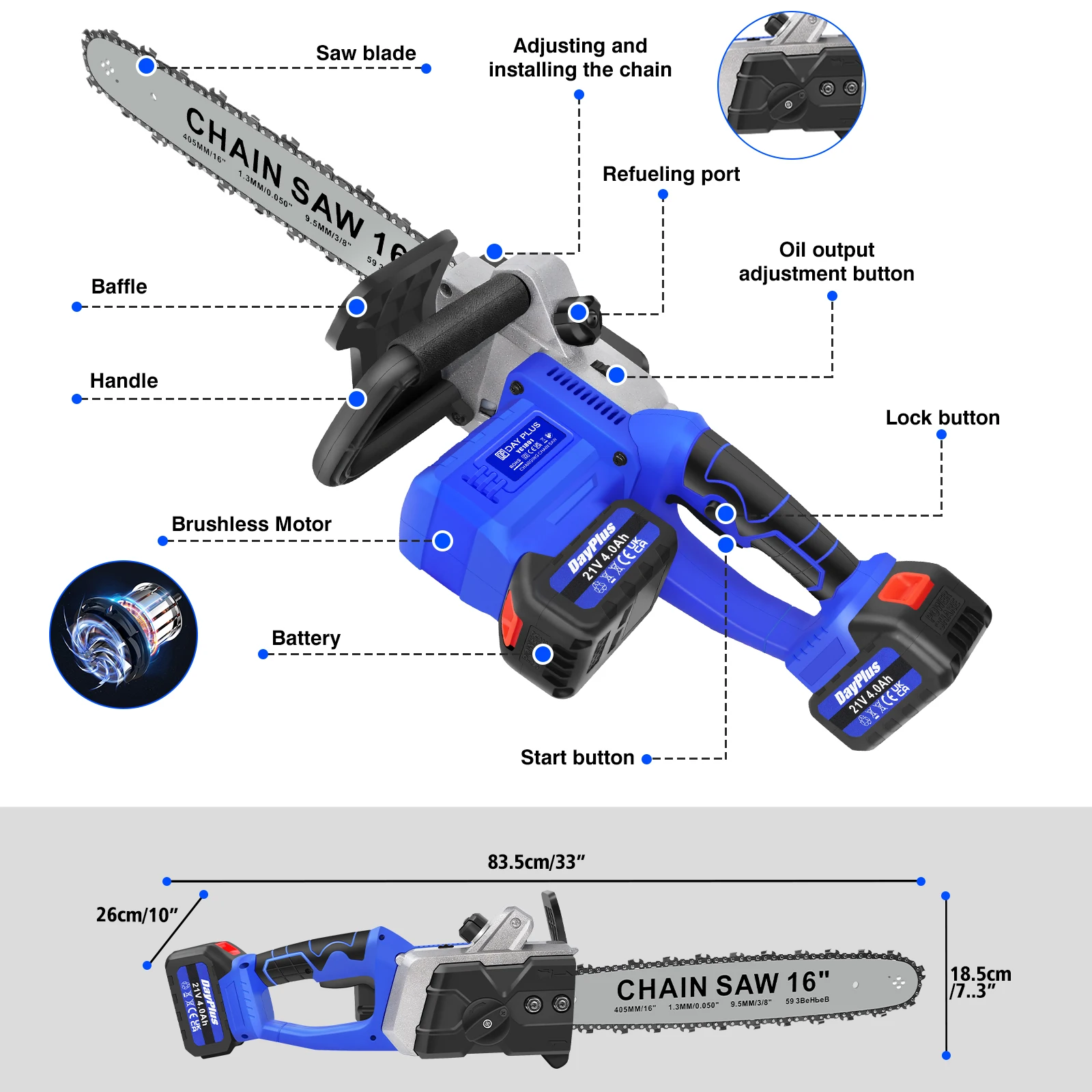 منشار لاسلكي 16 بوصة يعمل بالبطارية، محرك بدون فرشاة محمول 2000 وات، بطاريتين قطع سريع 13 متر/الثانية، مقاوم للصدمات، البستنة بنفسك