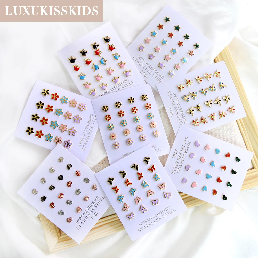 

LUXUKISSKIDS Earrings Sets Pack Stainless Steel Romantic Flower Stud Piercing 10pairs/Lots Colorful Summer Crown/Heart Jewelry