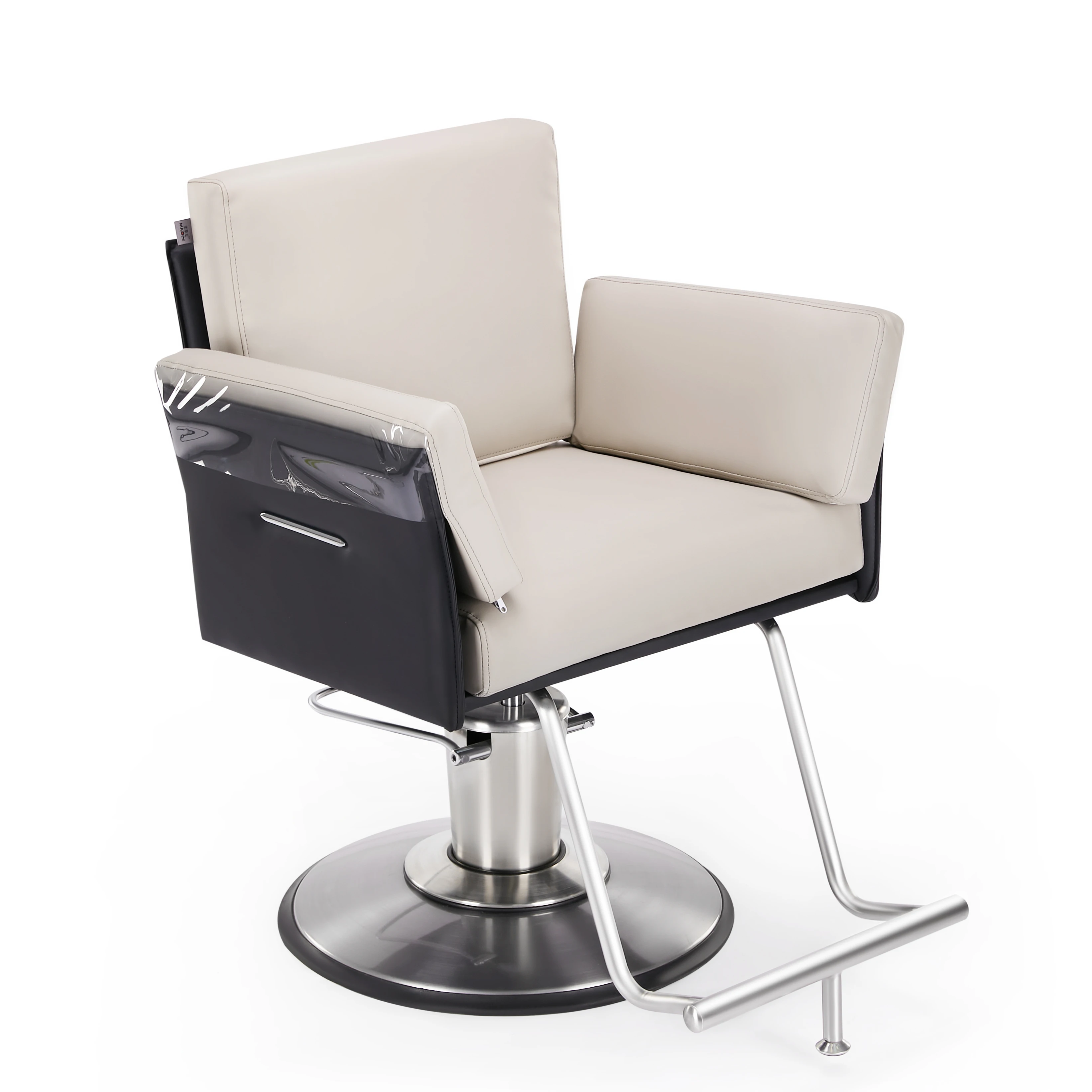 Two-color salon chair with protective armrest cover, modern hydraulic styling chair, professional hairdresser furniture