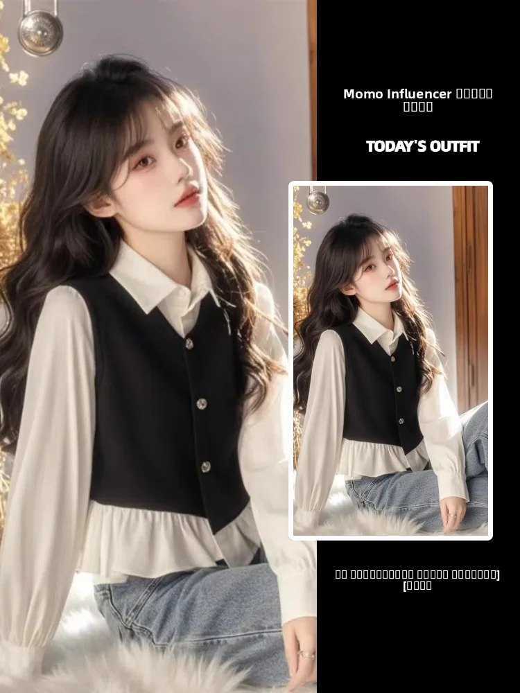 

Chic Color Blo Fake Two-Piece irt Women's Spring New Sle Korean Loose Fit Long Sve Breathable Skin-Friendly Collar