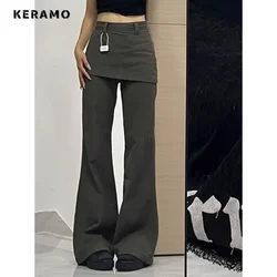 2025 Autumn Female Harajuku High Waist Flared Jeans Retro Y2K Hight Street Pants Women's Vintage Patchwork Denim Trouser