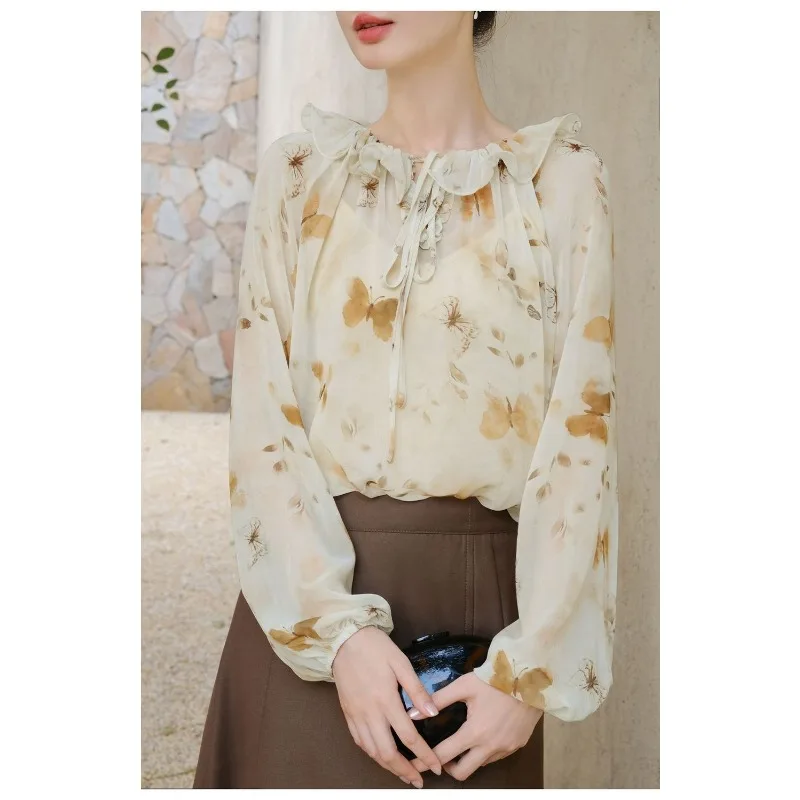 

Womens Beige Butterfly Print Ruffle Neck Long Sleeve Blouse
