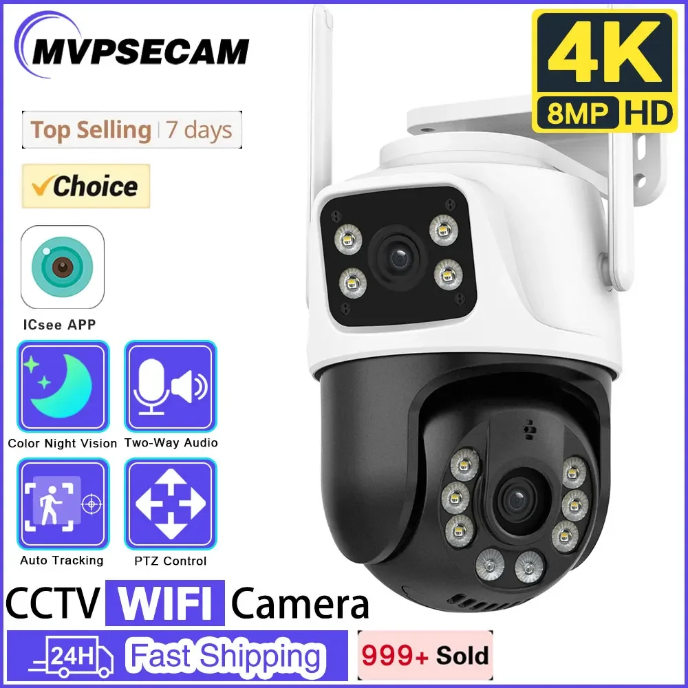 

4K 8MP PTZ WiFi IP Camera with Dual Screen Color Night Vision Outdoor Security IP Camera CCTV Surveillance Camera ICSEE App