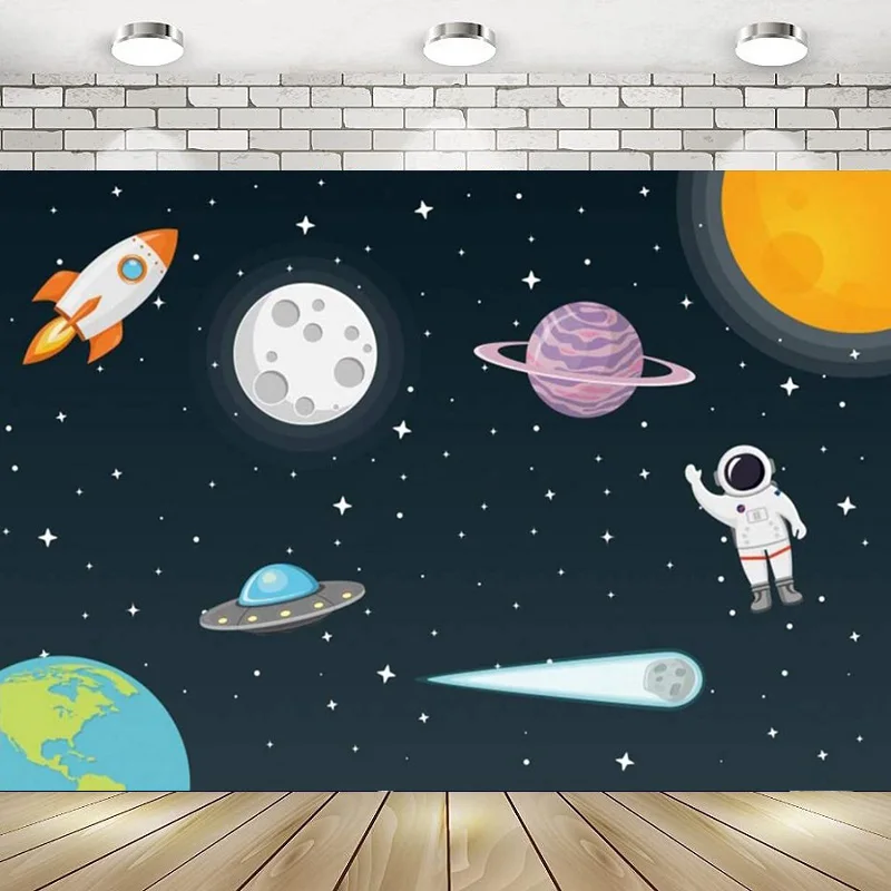 Outer Space Rocket Astronaut Universe Planet Galaxy Astronomy Photography Backdrop Happy Birthday Party Background Banner Decor